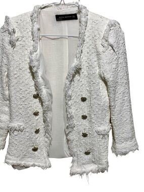Zara White Boule Tweed Open Front Jacket Size M
